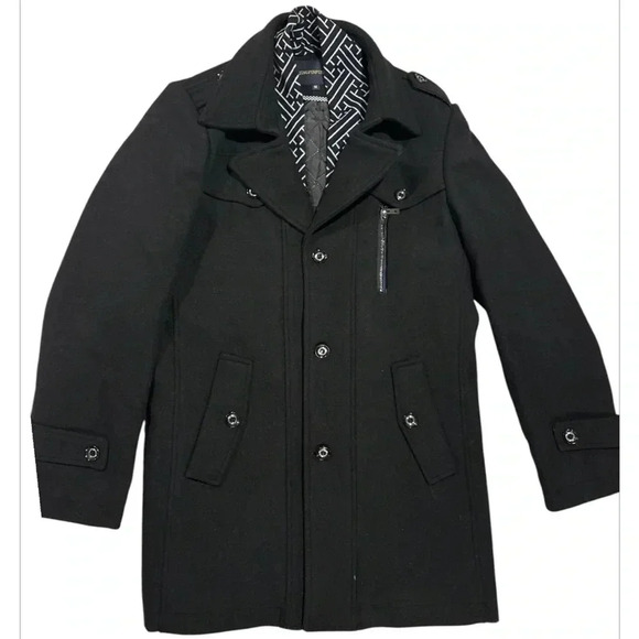 Men's Wool Jacket Single Breasted Winter Coat with Detachable Scarfs Quilted M - Picture 4 of 9